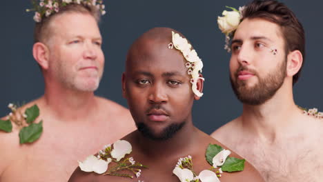 flores, naturaleza y diversidad con hombres en el estudio