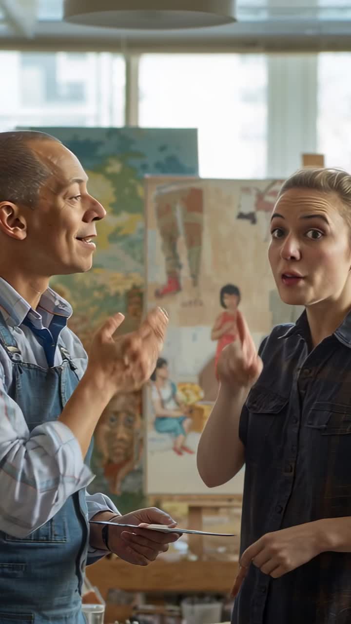Vertical video: Picking up card, teacher in apron and student showing brush work in studio canvases