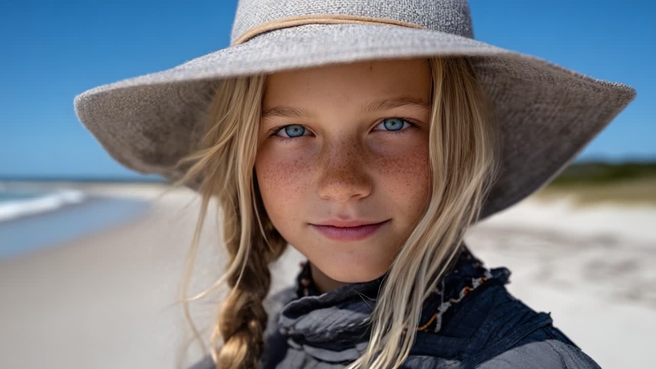 Ett charmigt barn på stranden: Fängslande porträtt av en ung flicka med fräknar, blå ögon och en snygg bredbrättad hatt som njuter av en vacker sommardag