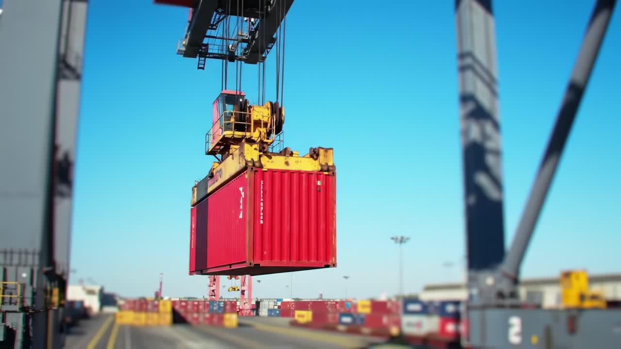 A Cargo Crane in Action: Efficiently Lifting a Red Shipping Container at a Port Terminal to Optimize Logistics and Freight Transportation Operations