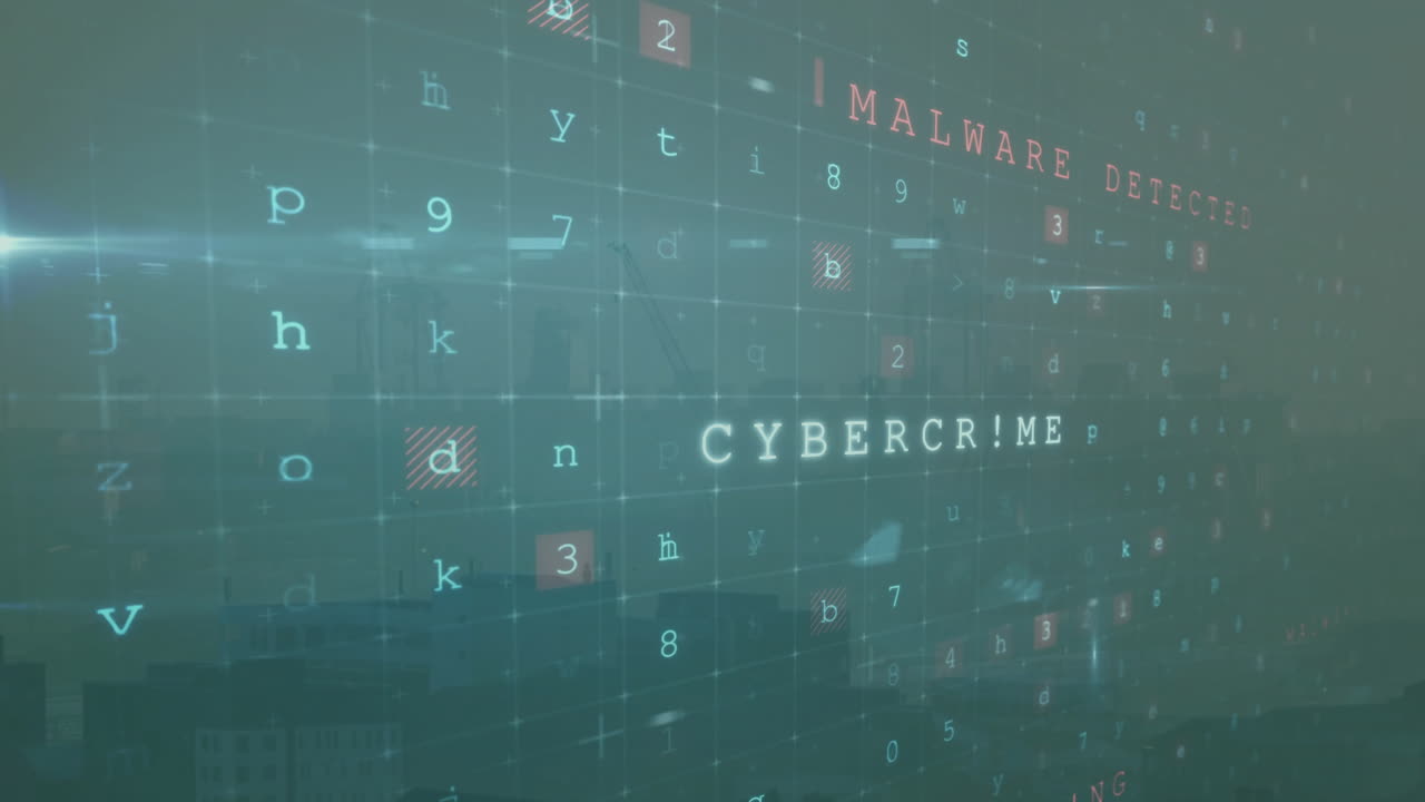 Animation of cyber warning text and data processing over cityscape