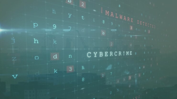 Animation of cyber warning text and data processing over cityscape