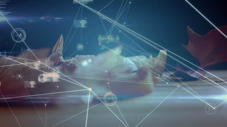 Animazione di reti di connessioni ed elaborazione dati su foglie
