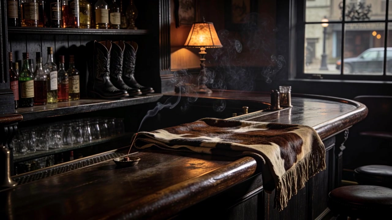 Drifting smoke from smoldering incense stick curling across wooden counter at bar, cowhide and lamp