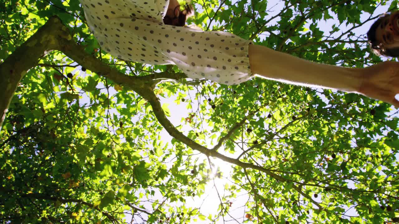 공원 에서 놀고 있는  ⁇ 만적 인 부부 의 위쪽 시선