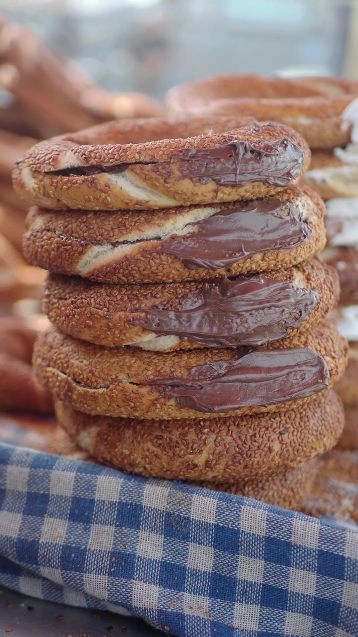 Stacked Simit Turkish Bagels Filled with Chocolate Spread