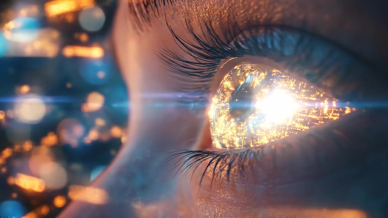 Close-up of Human Eye Reflecting Digital Data and Glowing Lights
