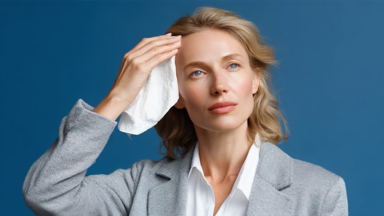 A contemplative woman wipes her brow with a cloth, appearing pensive and reflecting quietly against a soothing blue backdrop, showcasing moments of introspection and calm