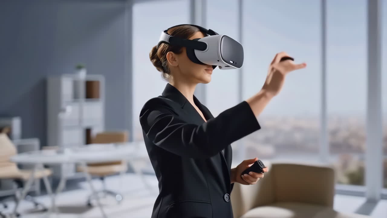 Una donna utilizza un visore VR in un ambiente d'ufficio moderno