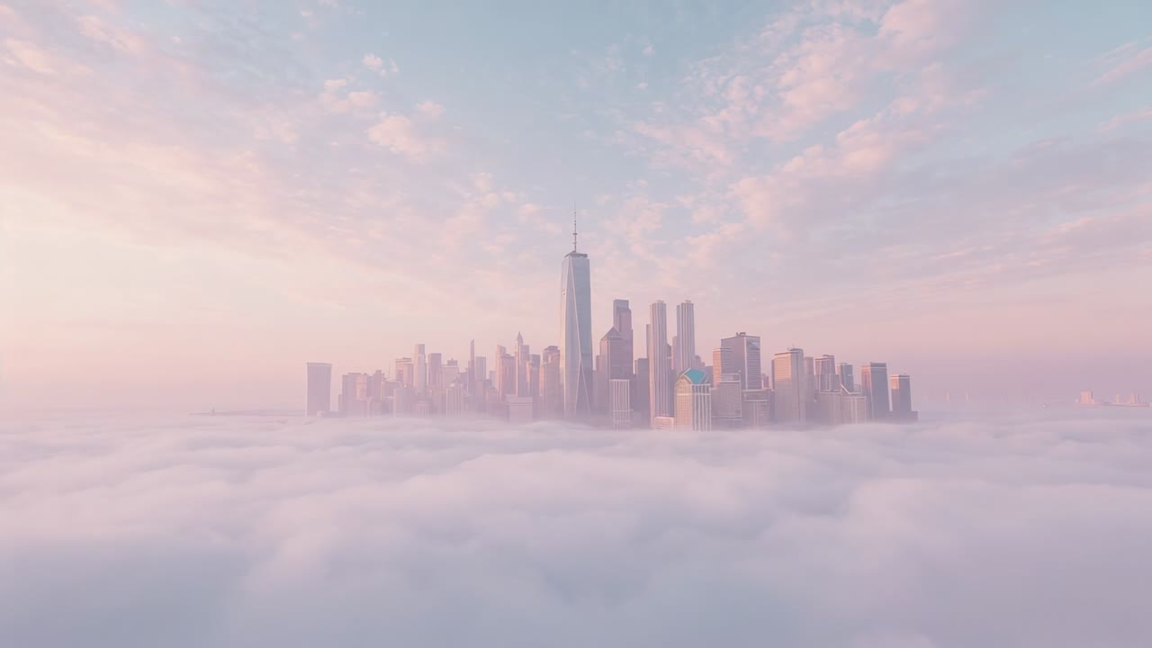 Sollys, der løfter den drivende tåge ved daggry og afslører en skyline fra luften, der fremhæver det centrale tårn