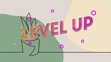 Animation-of-level-up-text-over-plant-on-colorful-background