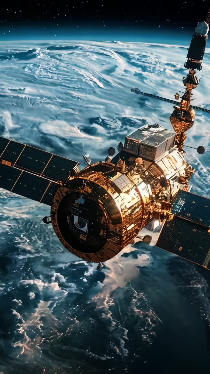 A satellite is flying through the sky above the Earth. The satellite is surrounded by clouds and he is in the middle of a storm