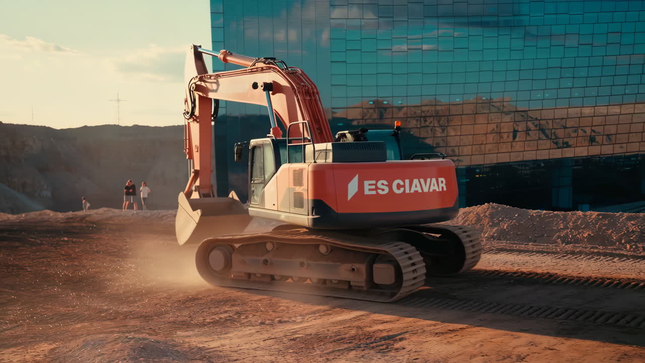 Heavy Excavator at a Dusty Construction Site with Modern Building at Sunset