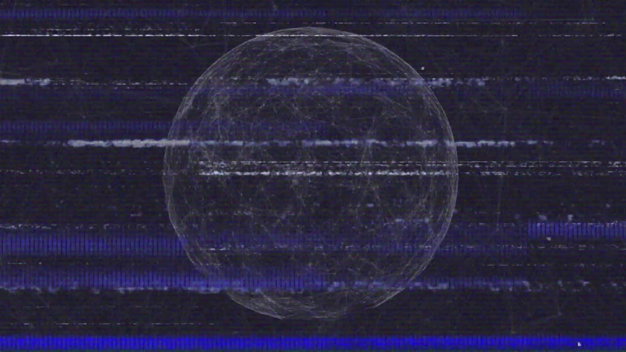 Thin static band crossing frame, wire globe pulsing, scan lines shifting showing signal corruption