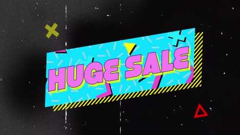 Animation-of-retro-huge-sale-text-on-blue-banner-with-crosses-on-black-distressed-background