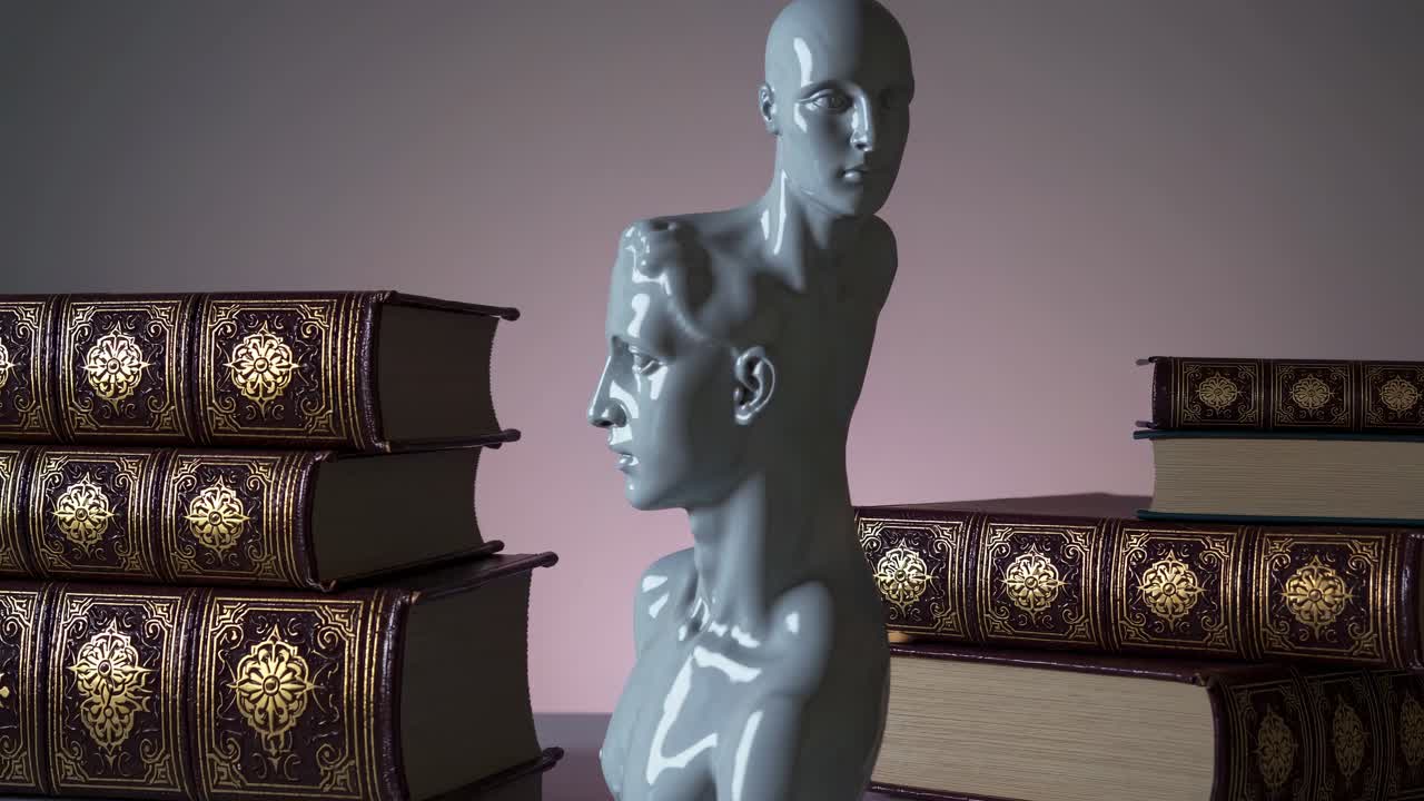 escultura abstracta con libros