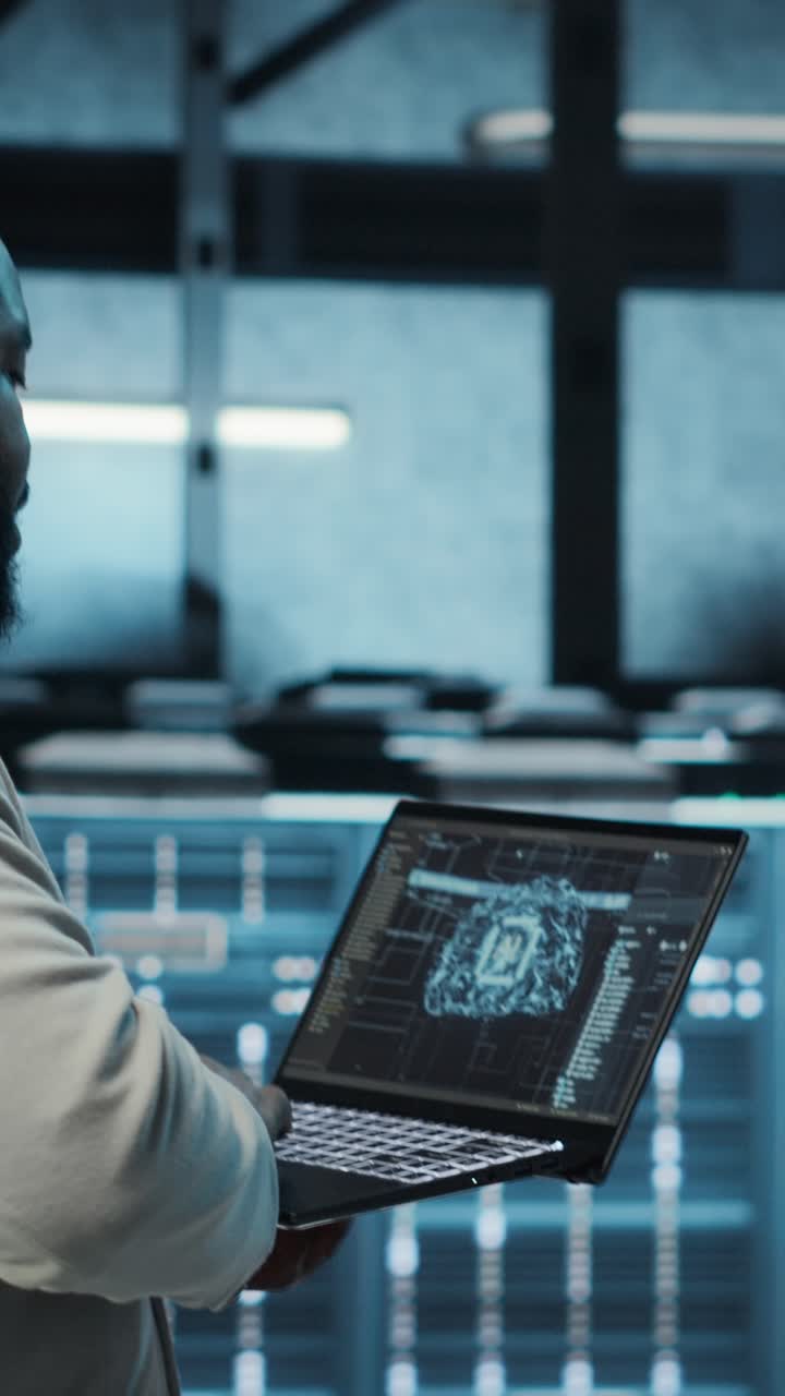 Vertical video Programmer in data center using laptop, employing AI machine learning models