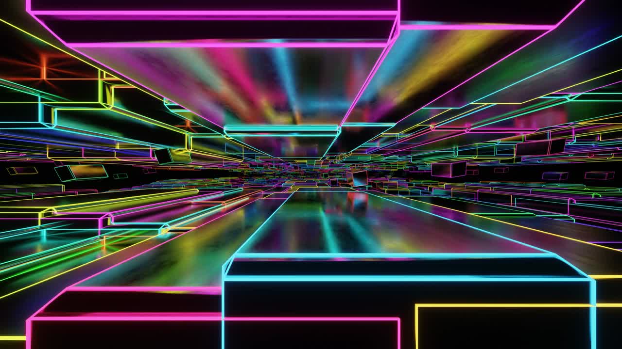 VJ smyčkový tunel vysokorychlostního letu lesklých neonových kostek.