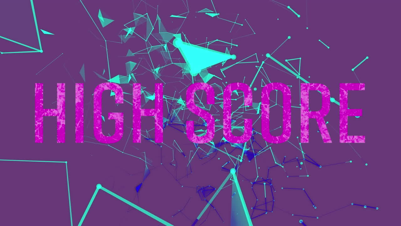 animación del texto de puntaje alto en letras rosadas sobre redes de conexiones brillantes de color verde