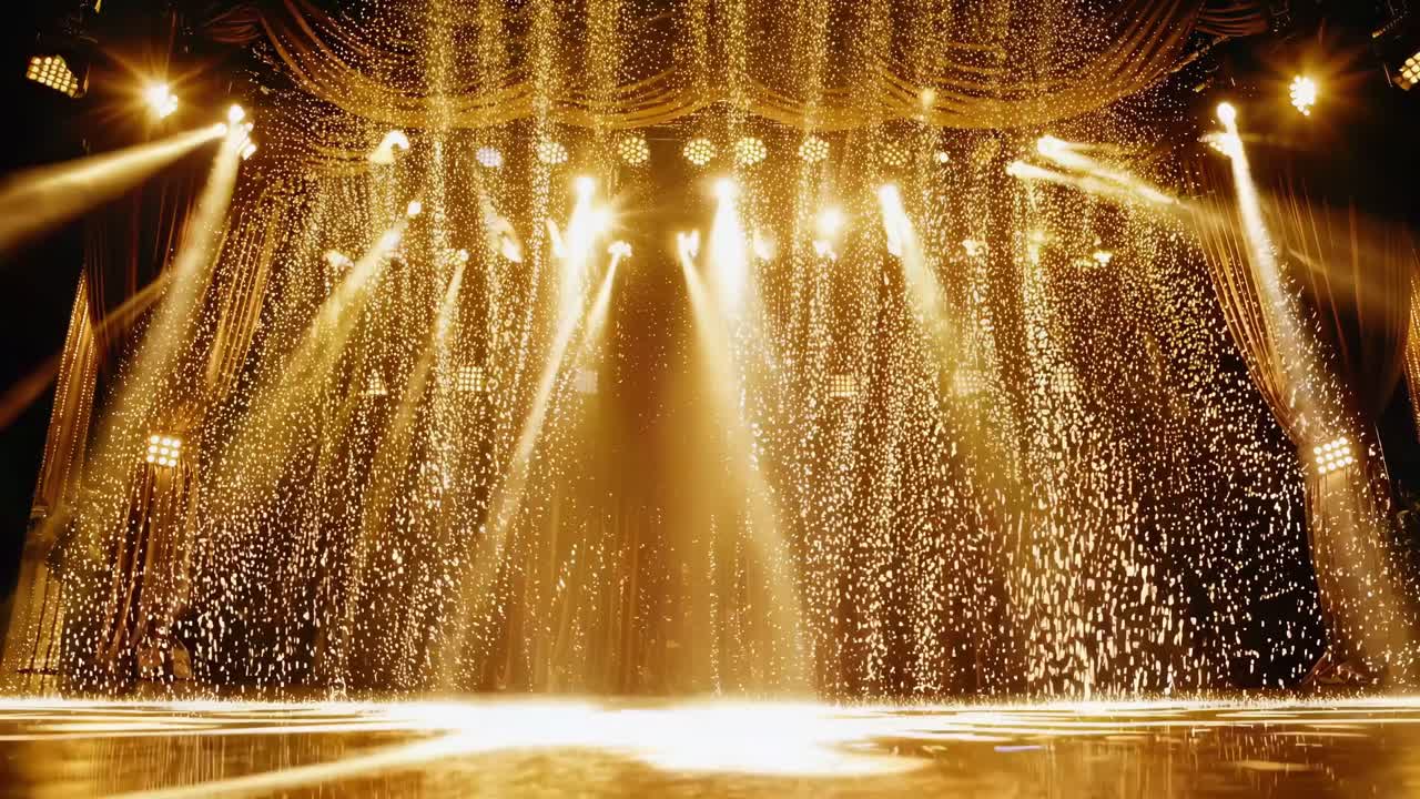 A wide-angle video captures a dramatic stage with golden spotlights and curtains