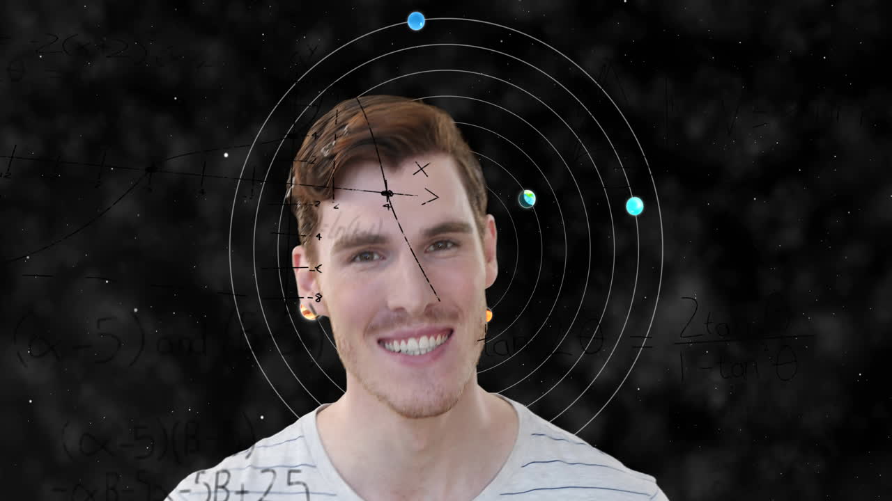 animación del hombre de negocios sobre ecuaciones y sistema solar