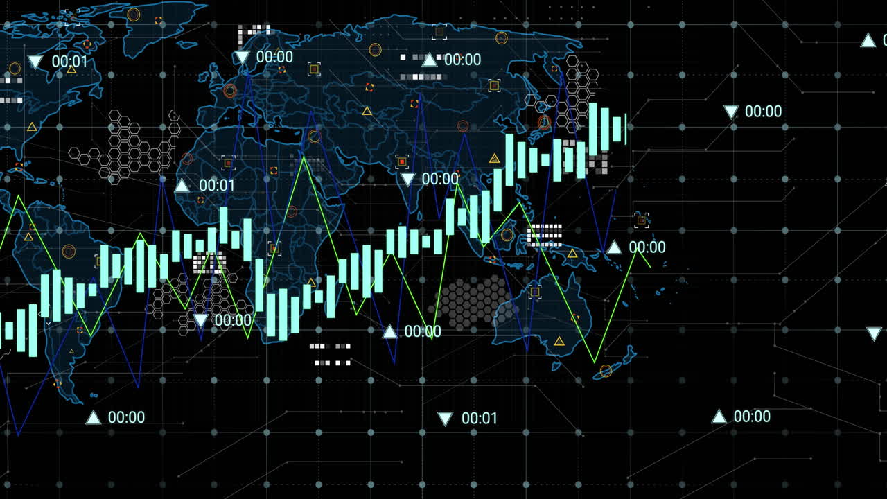 Animation of multiple graphs with changing numbers over map against black background