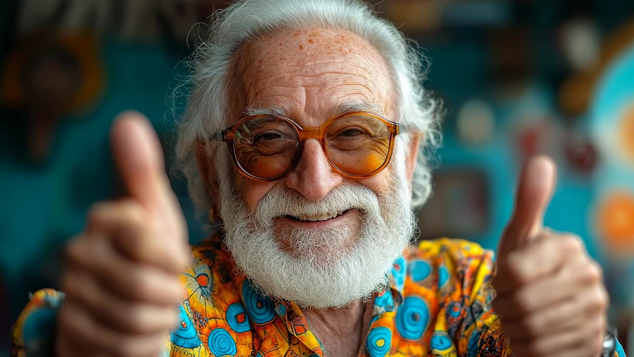 Homem idoso fazendo sinal de positivo em casa. Um homem idoso sorri e faz um sinal de positivo. Ele está em casa, cercado por decorações coloridas e arte