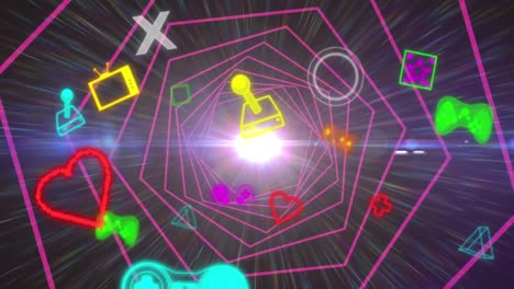 Animation-Von-Okons-Und-Neongeometrischen-Formen-Auf-Dunklem-Hintergrund