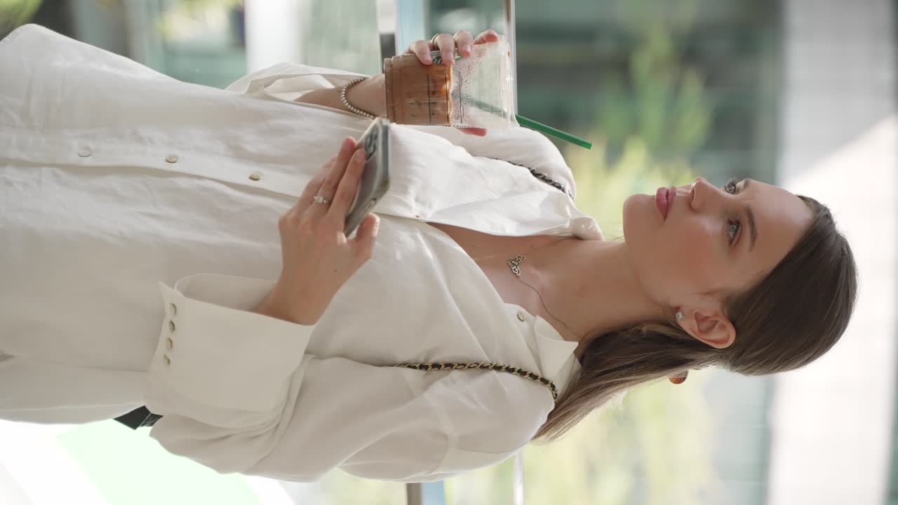 mujer bebiendo café y usando el teléfono en un entorno moderno