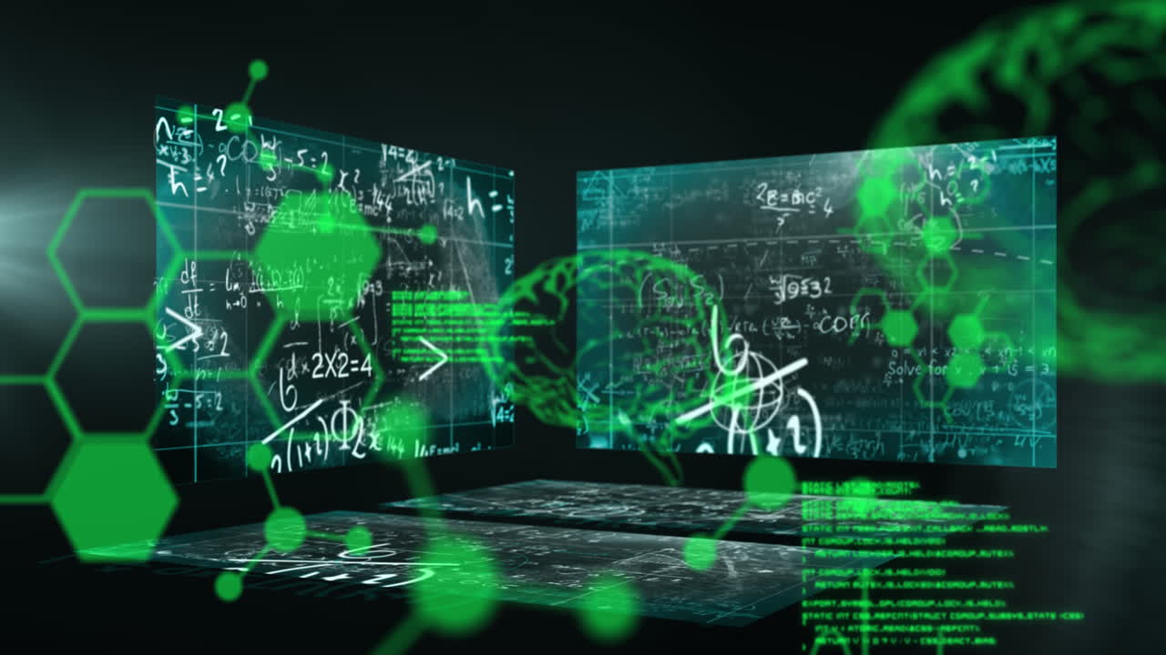 Animation of math equations written on screen with green 3D brain and molecule