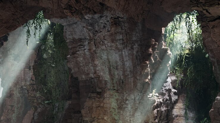 Sunlight streams through the entrance of a hidden cave in a lush jungle.