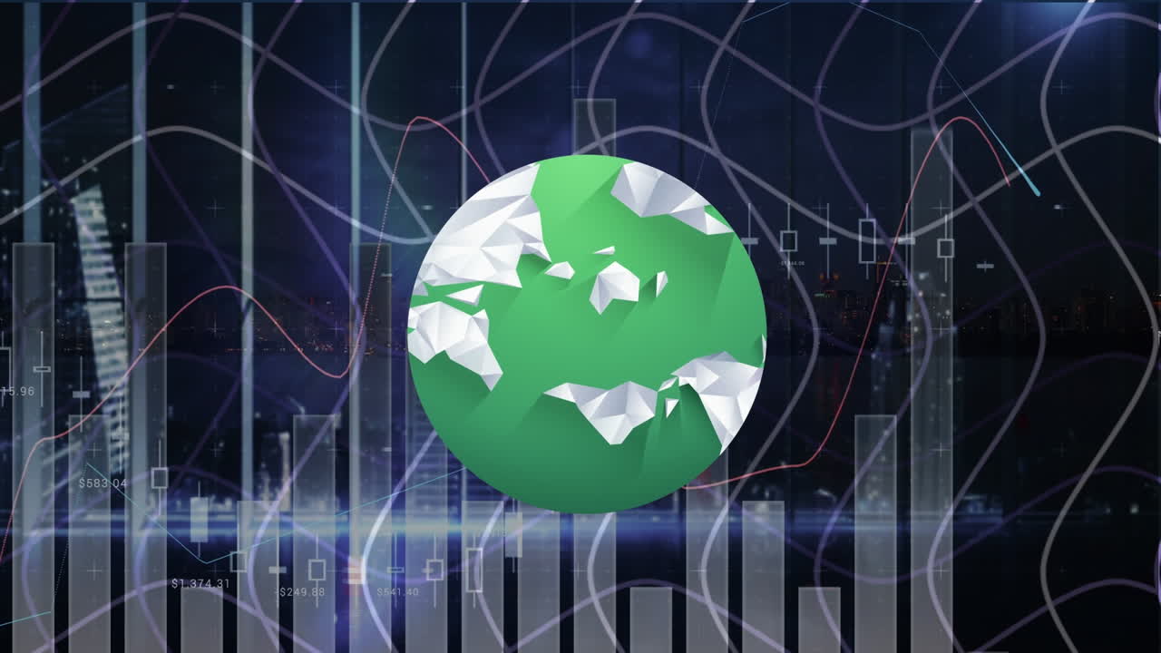 animación de datos financieros y gráficos sobre el globo y el paisaje urbano nocturno