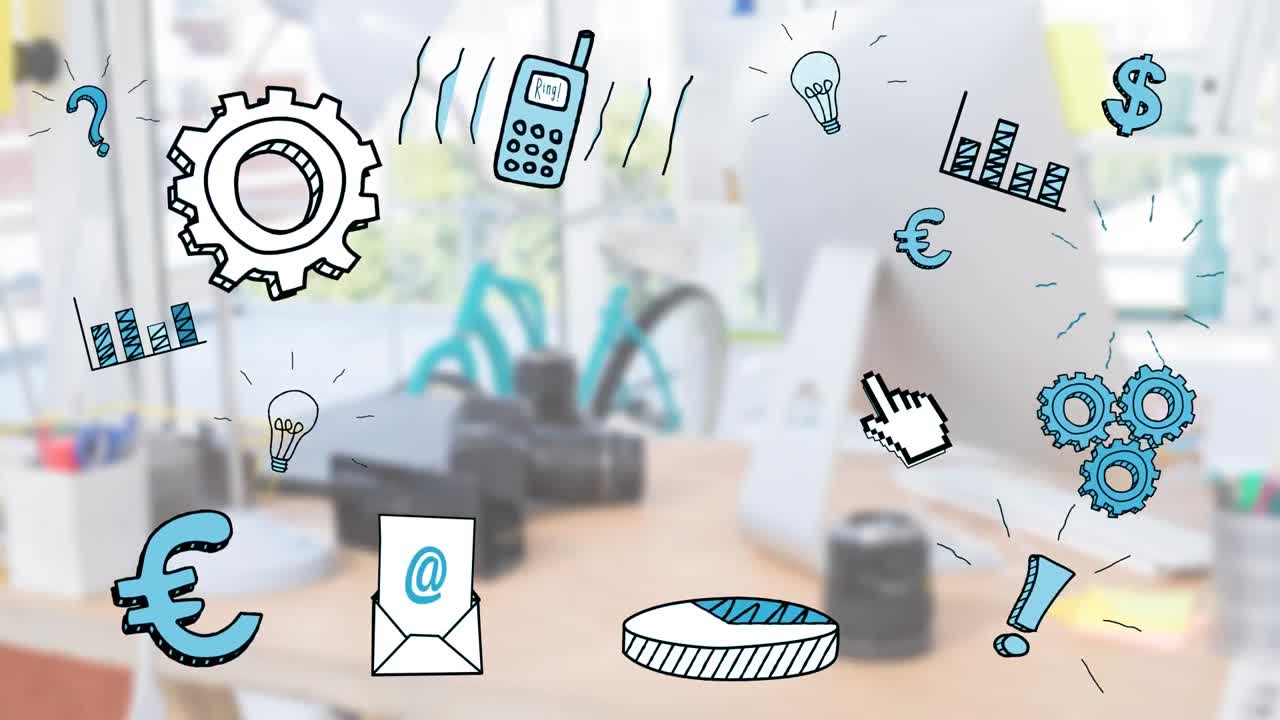 iconos coloridos de elementos de la oficina más de la computadora fuera de foco en un escritorio en el fondo