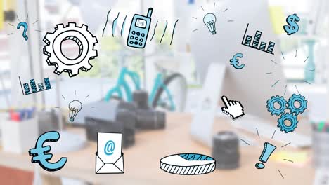 bunte icons von büroartikeln über unfokussierten computern auf einem schreibtisch im hintergrund
