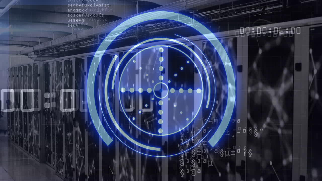 Server racks extending down datacenter corridor featuring transparent blue HUD over data patterns