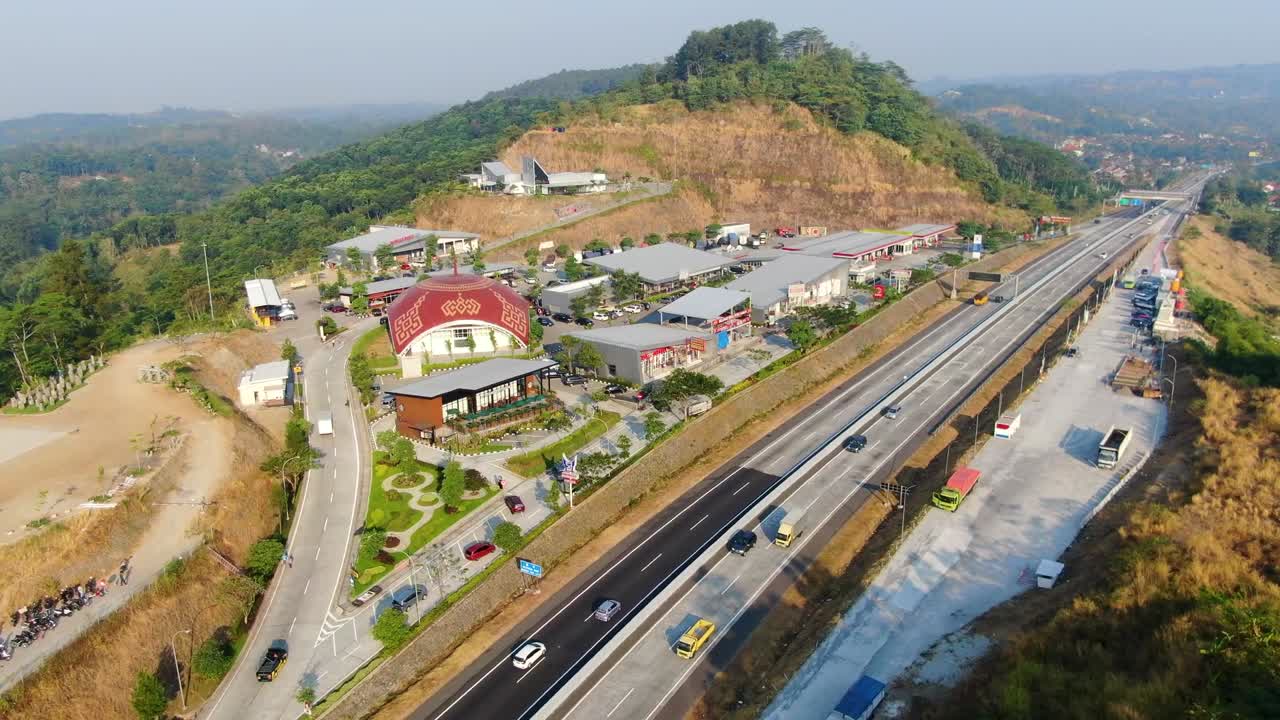 Aerial view of rest place for drivers on motorway in Salatiga, Java, Indonesia