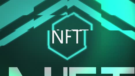 animazione di interferenza sul testo nft in esagono al neon su sfondo blu