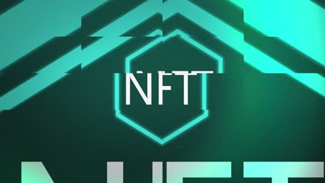 animation of interference over nft text in neon hexagon on blue background