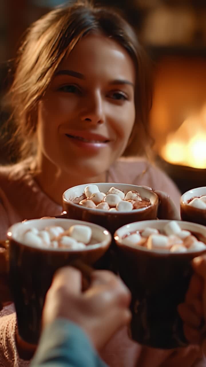 Momenti di calore: un incontro accogliente con amici che si godono una cioccolata calda accanto al fuoco, piena di risate e dolci marshmallow in una fredda serata