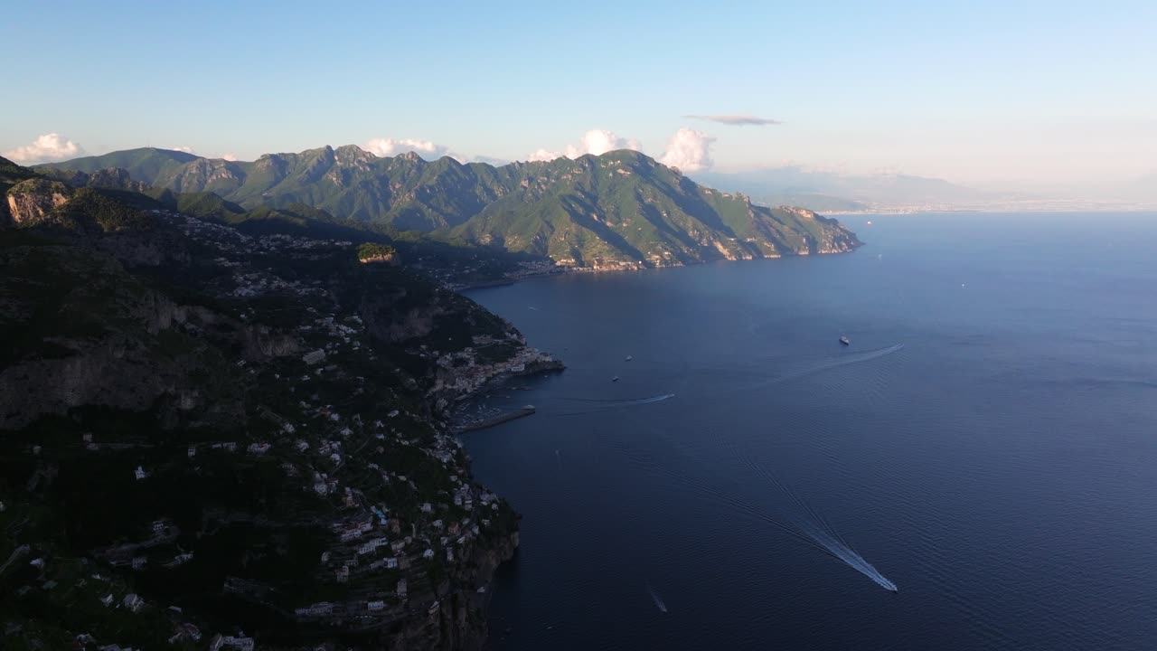 Panoramic Aerial View of the Amalfi Coast with Coastal Villages and Mountains