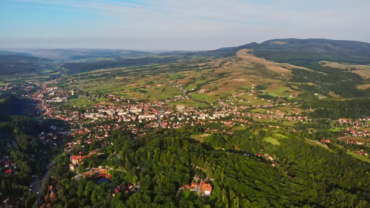Sovata city, forest and valley from above. Aerial drone shot. Bird view. Panorama