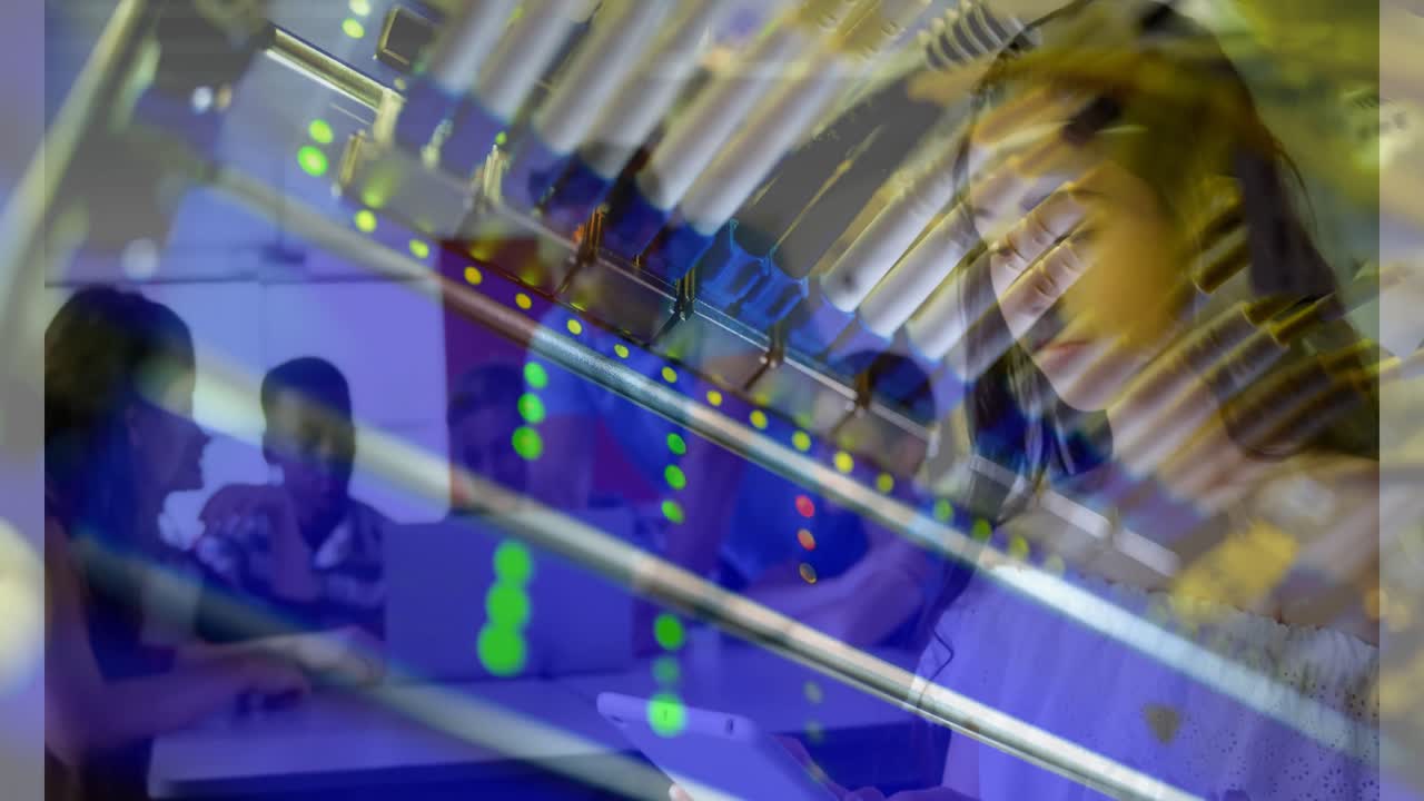 Animation of server room over biracial girl using tablet