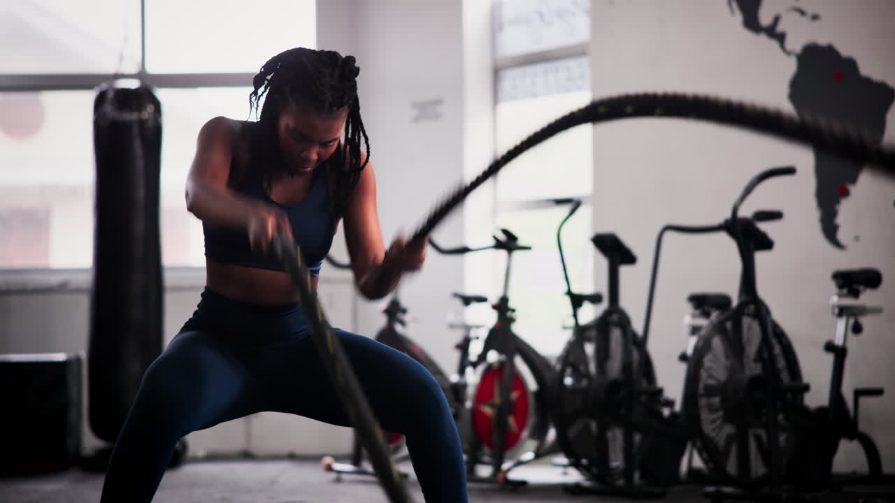 Woman working out with a battle rope in a gym