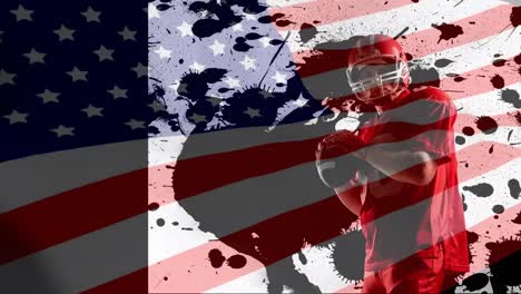 animation of usa flag and stains over american football player