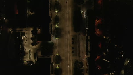 Aerial-Overhead-Birds-View-of-Empty-Karl-Marx-Allee-Street-at-Night-with-No-People-in-Berlin,-Germany-during-COVID-19-Coronavirus-Pandemic