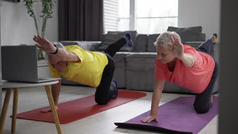 active mature couple performing balance exercise by online workout lessons using laptop