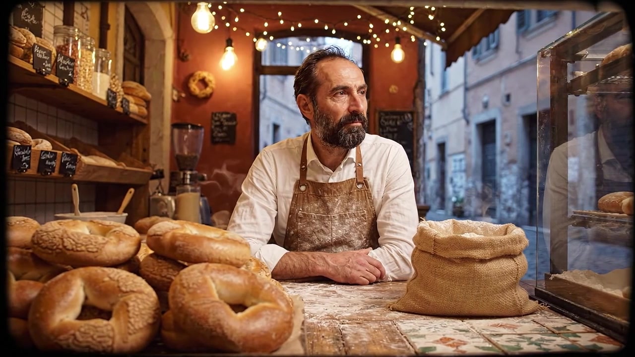 Fornaio artigiano che contempla la sua arte tra bagel appena sfornati in una panetteria accogliente con luci calde e un'atmosfera rustica di passione culinaria.