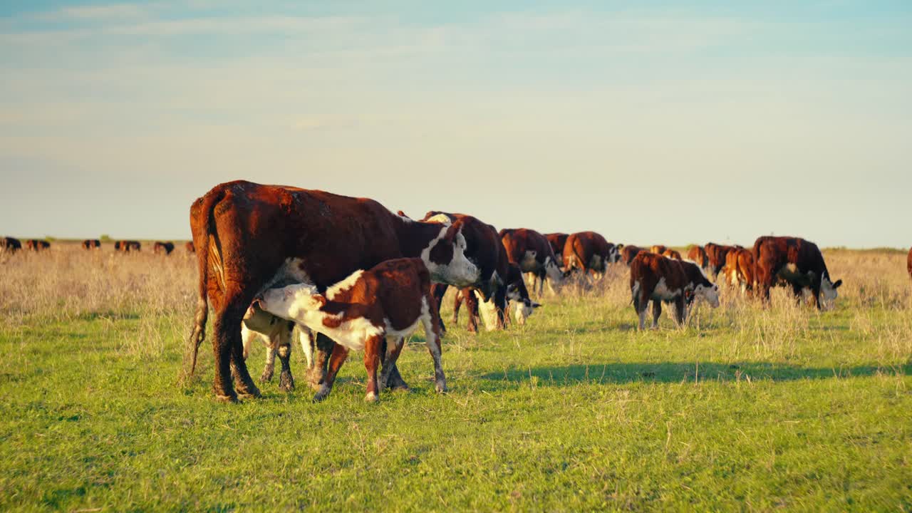 Vacas disfrutando de hierba fresca en el silencio tranquilo de un hermoso y soleado día de otoño