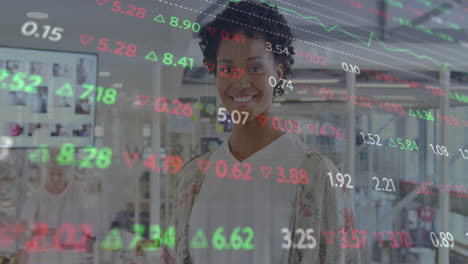 animation of stock market data processing over portrait of african american woman smiling at office