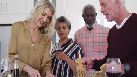 diverse senior couples preparing vegetable salad in a kitchen